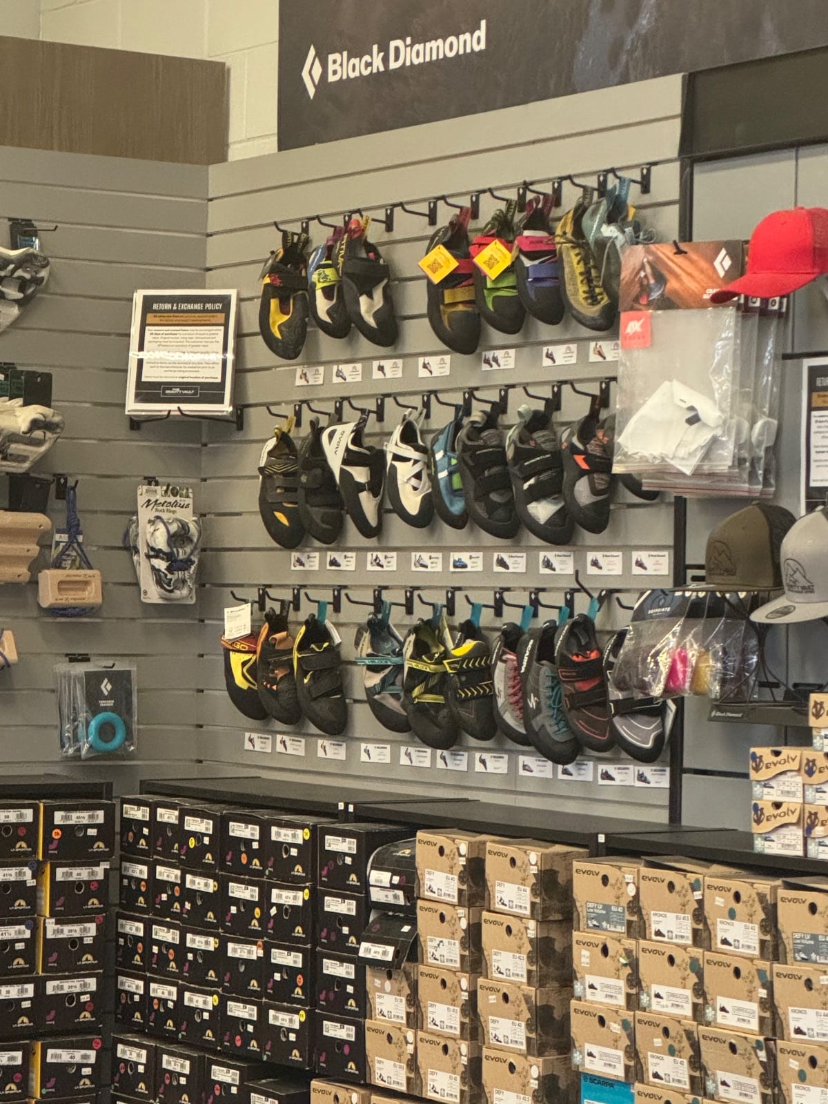 Shoe wall at The Gravity Vault — Hoboken, photographed 6 weeks ago